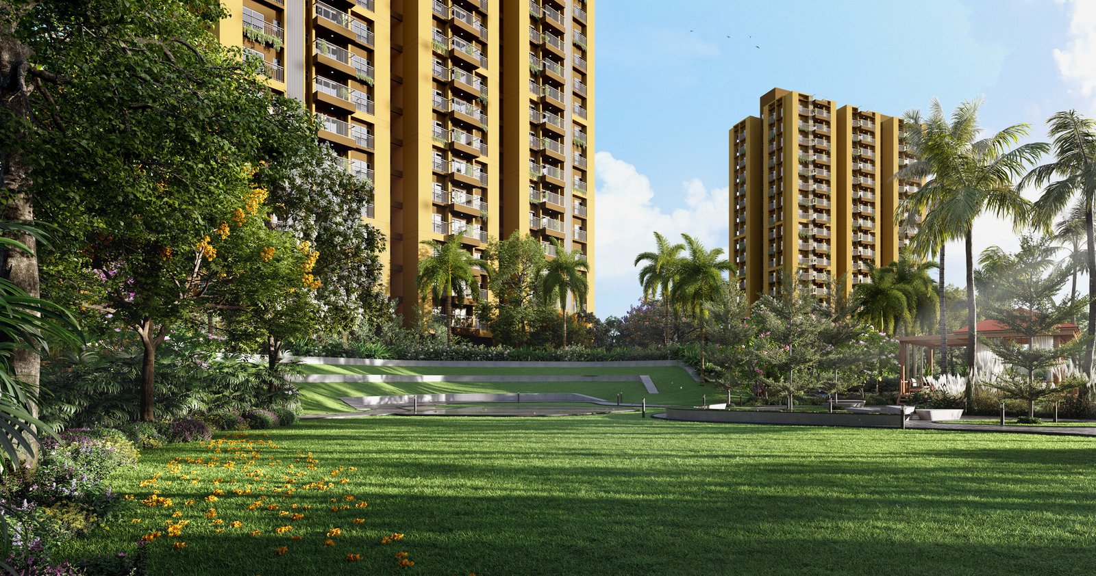 Official artistic impression of the central lawn and green open spaces at Srijan Orizon Kolkata
