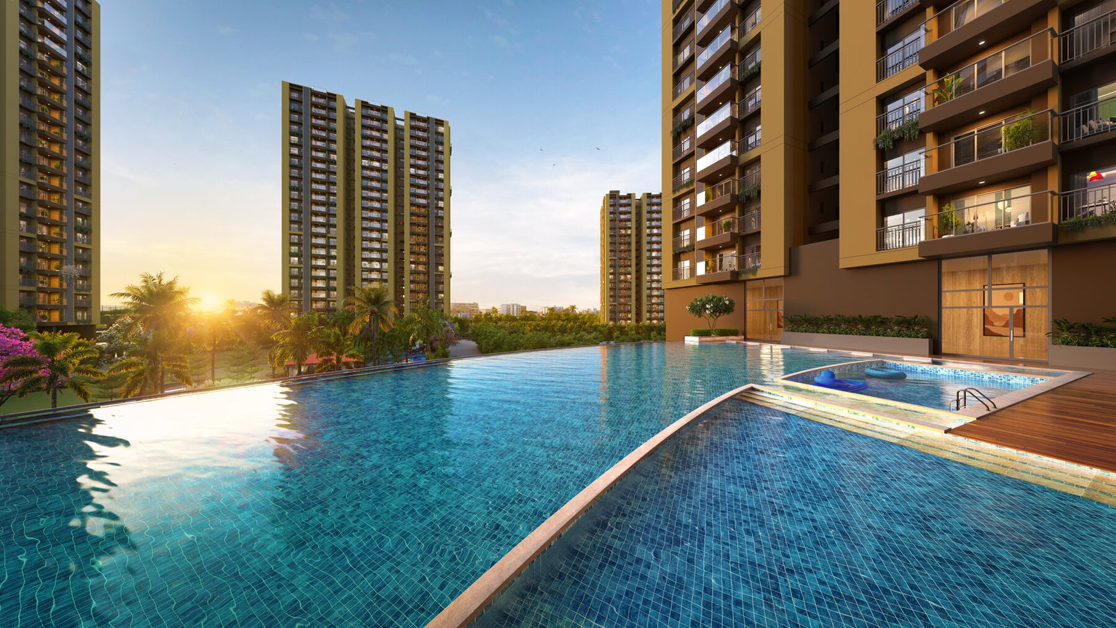 Official artistic impression of the infinity pool, jacuzzi and kids pool at Srijan Orizon Southern Bypass